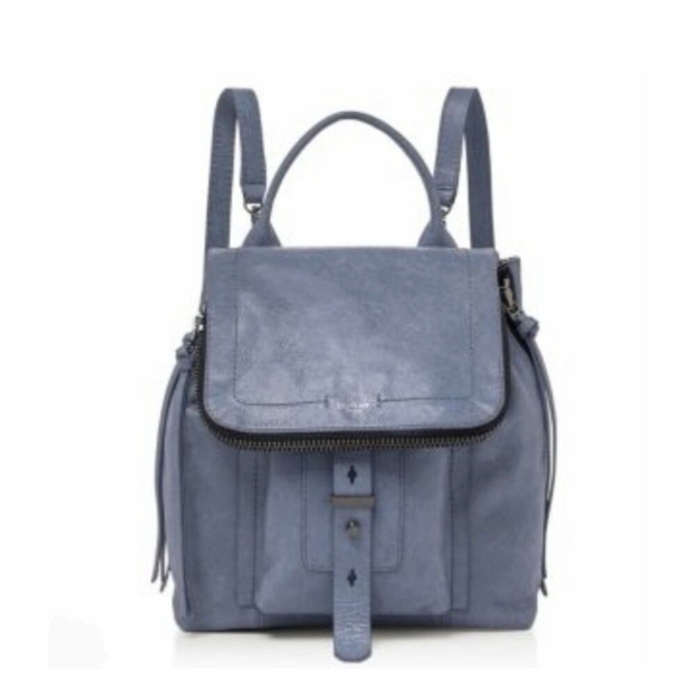 Botkier Warren Leather Backpack Blue Drawstring Zipper Straps